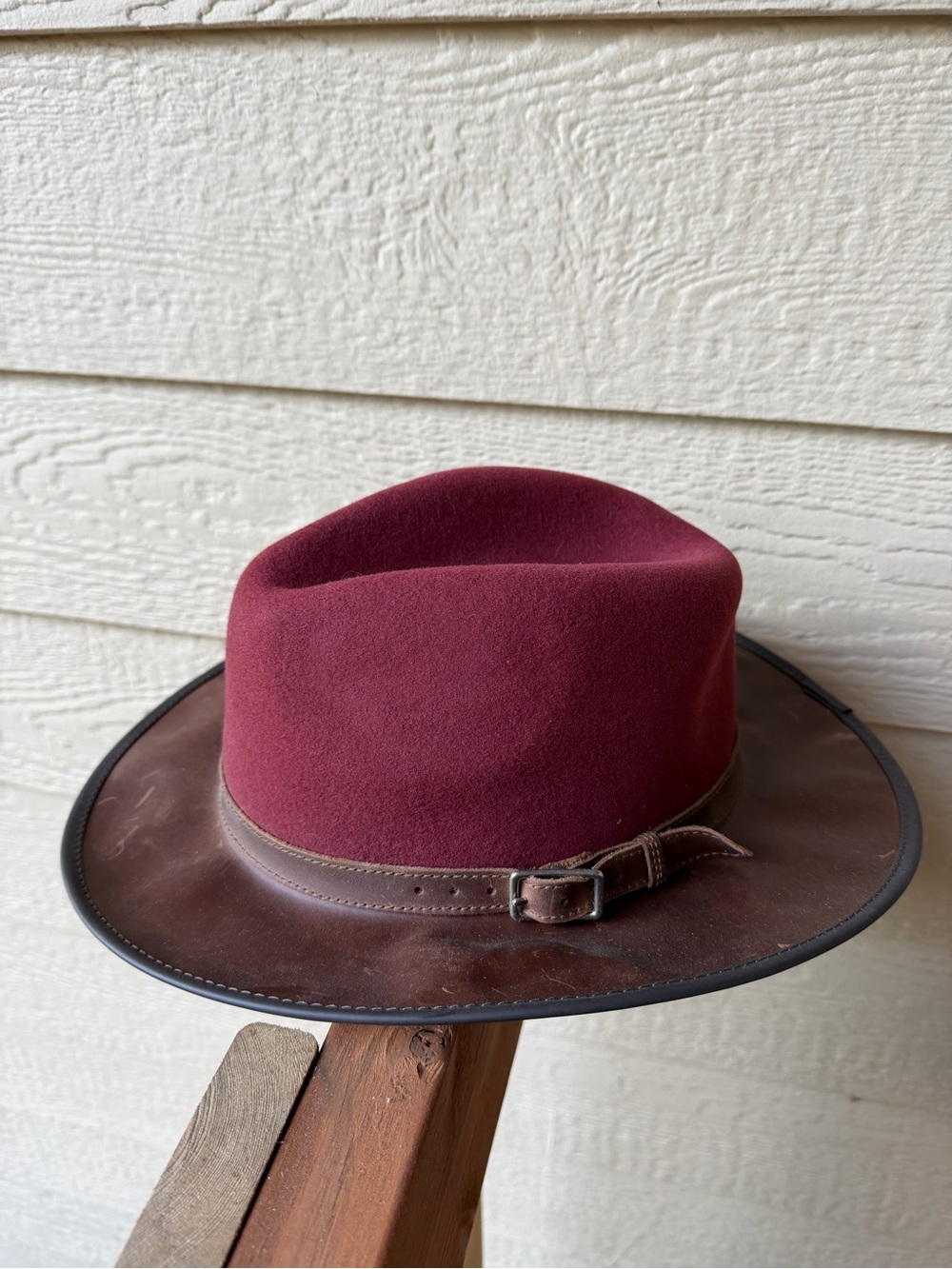 Burgundy Felt Fedora with Brown Leather Brim